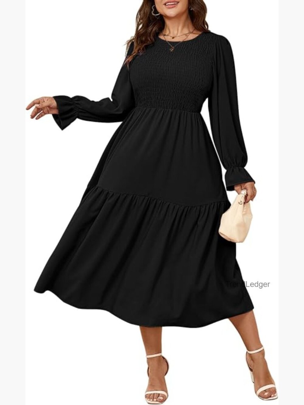Plus Size Maxi Dress Long Sleeve Smocked Tiered Boho Wedding Guest Formal